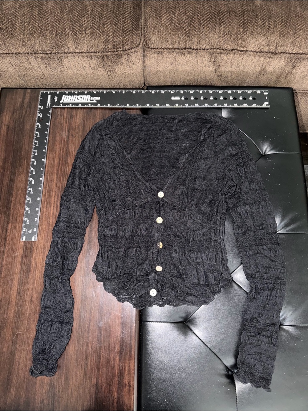 Black Crinkled V-Neck Button Front Women’s long sleeve lace stretchy